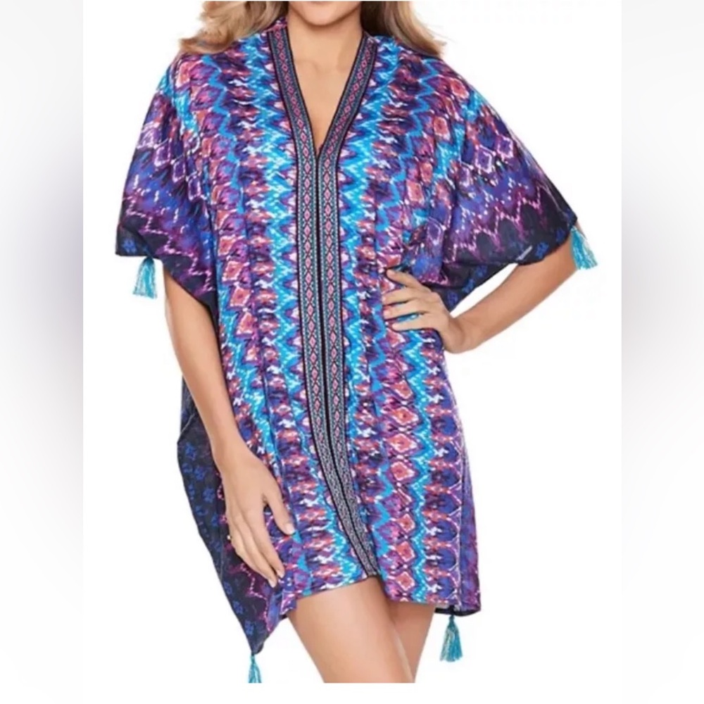 Miraclesuit Bella Albra Caftan Swim Cover Up Printed Embroidered Size‎ Small